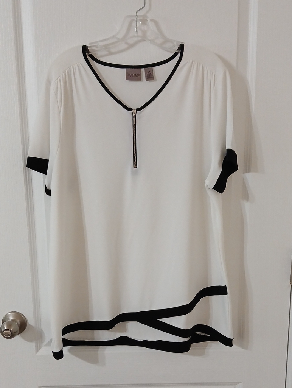 Chico's White Short-Sleeve Zip-Front Blouse with Black Trim